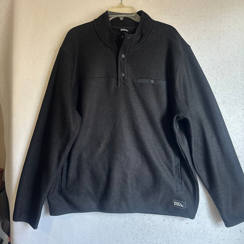 Eddie Bauer Mens XL Black Quarter Snap Fleece Pullover Sweater Textured Knit XL